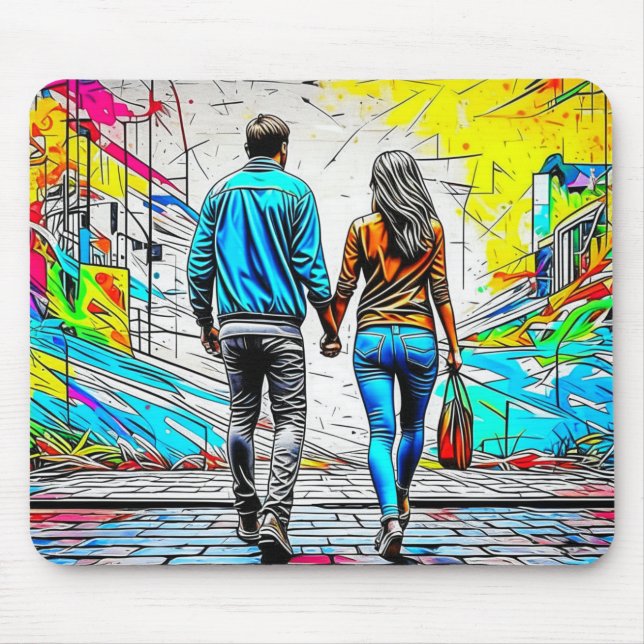 Tapis De Souris Couple Holding Mains Urbaine Street Art (Devant)
