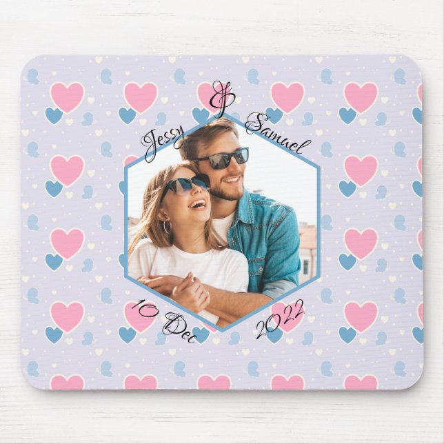 Tapis De Souris Couple Photo Names Blue Rose Hearts Motif (Devant)