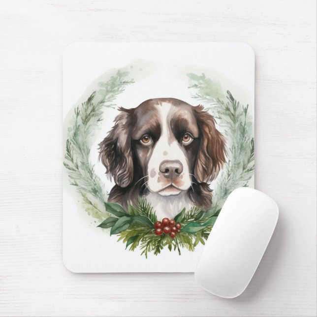 Tapis De Souris Couronne de Noël de Springer Spaniel Chien de fête (Avec souris)