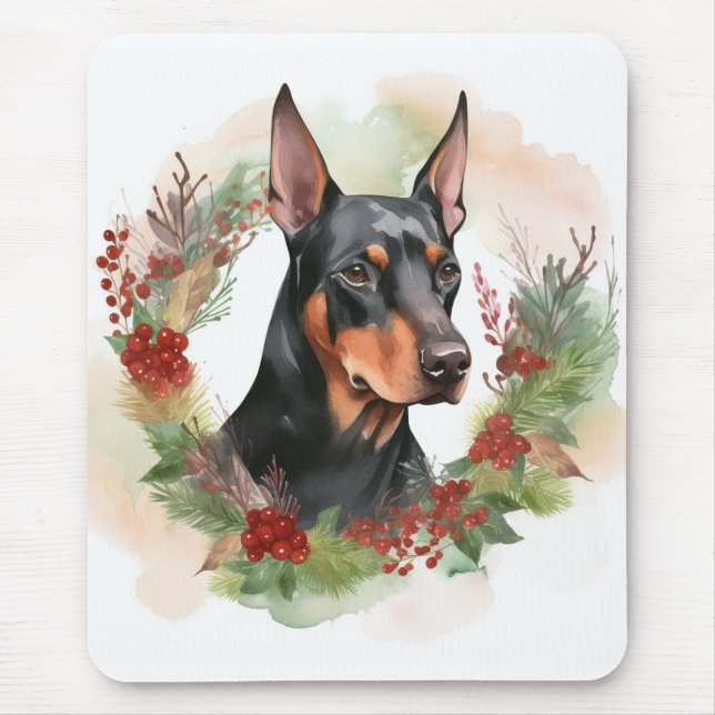 Tapis De Souris Couronne de Noël festive de Doberman (Devant)