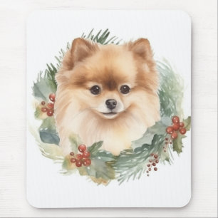Tapis De Souris Couronne de Noël festive de Pomeranian