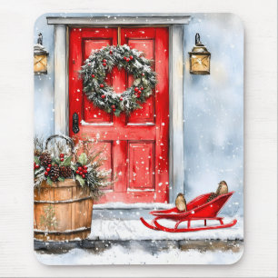 Tapis De Souris Couronne de porte de Noël rouge hivernal rustique