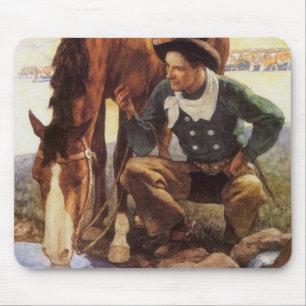 Tapis De Souris Cowboy arroser son cheval par NC Wyeth, Art Vintag