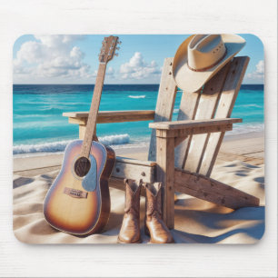 Tapis De Souris Cowboy Casquette et bottes dans le sable de plage