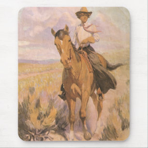 Tapis De Souris Cowgirl vintage Cowboy, Femme à cheval par Dunton