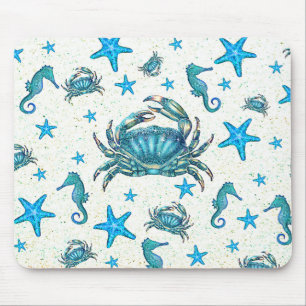 Tapis De Souris Crabe bleu moderne plage étoile de mer hippocampe 