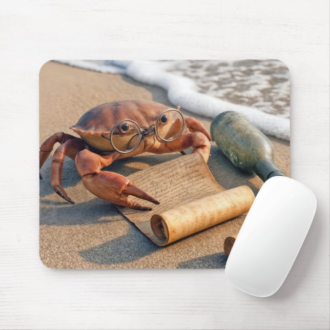 Tapis De Souris Crabe lisant un message sur une plage (Avec souris)
