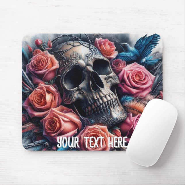 Tapis De Souris Crâne avec Roses et Bluebird (Avec souris)