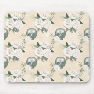 Tapis De Souris Crâne Boho aux roses blanches