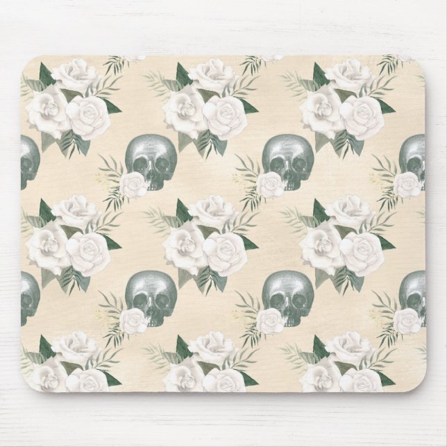 Tapis De Souris Crâne Boho aux roses blanches (Devant)
