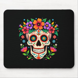 Tapis De Souris Crâne de sucre de Día De Los Muertos avec fleurs p