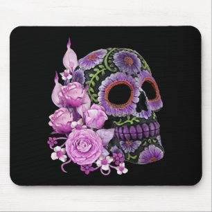 Tapis De Souris Crâne de sucre rose floral noir Jour des morts