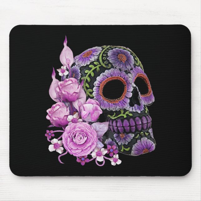 Tapis De Souris Crâne de sucre rose floral noir Jour des morts (Devant)