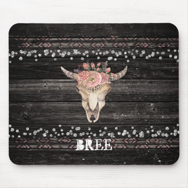 Tapis De Souris Crâne de vache florale rustique Boho Chic Glam arg (Devant)