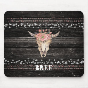 Tapis De Souris Crâne de vache florale rustique boho chic glamour 