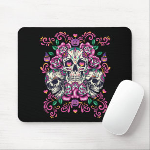 Tapis De Souris Crâne floral, squelette aquarelle rose, Halloween.