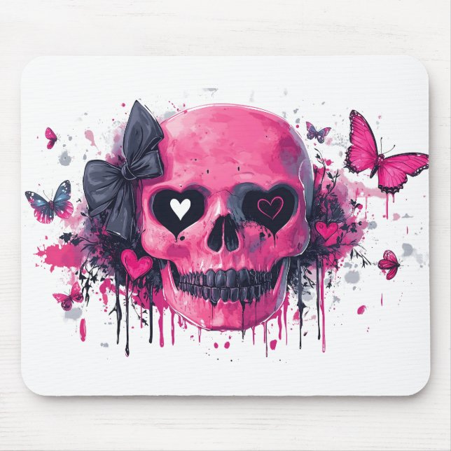 Tapis De Souris Crâne rose avec papillons et coeurs (Devant)