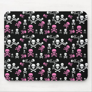 Tapis De Souris Crâne rose et blanc et os croisés Noir