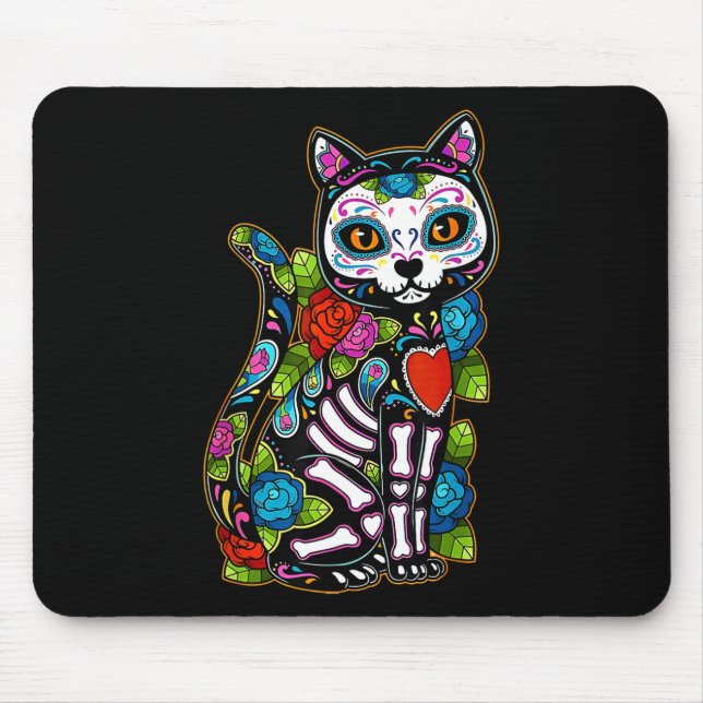 Tapis De Souris Crâne sucre Chat noir De Los Muertos Catrina Jour  (Devant)