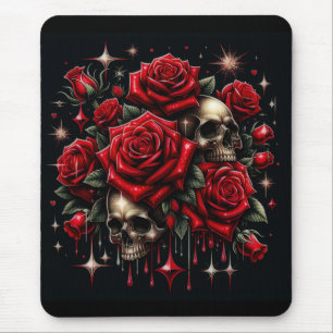 Tapis De Souris Crânes d'or et roses rouges étincelante gothique