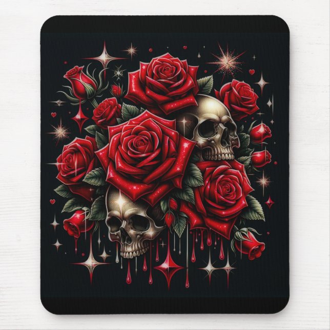 Tapis De Souris Crânes d'or et roses rouges étincelante gothique (Devant)