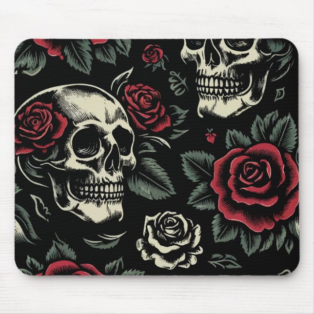 Tapis De Souris Crânes et roses rouges florale gothique  (Devant)