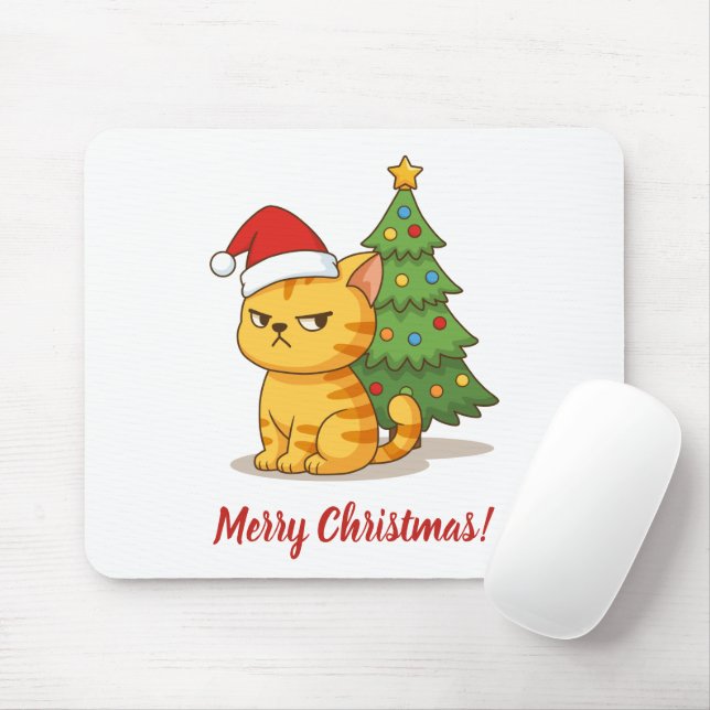 Tapis De Souris Cranky Orange Tabby Cat Red Hat Christmas Tree (Avec souris)
