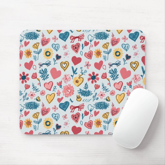 Tapis De Souris Crayon Pastel Coeur & Fleurs (Avec souris)