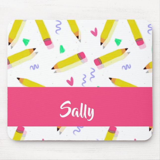 Tapis De Souris Crayons et rayures jaunes sur blanc (Devant)