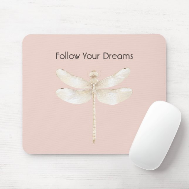 Tapis De Souris Crème Rose Blush Blanche Libellule (Avec souris)