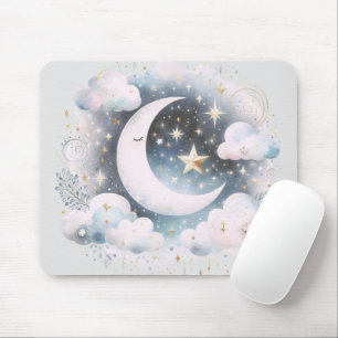 Tapis De Souris Croissant de Lune Céleste Bleu et Blanc Bohème Mod