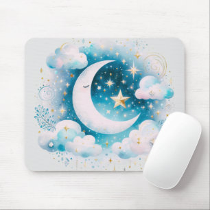 Tapis De Souris Croissant de Lune Céleste Bohème Moderne Bleu et B