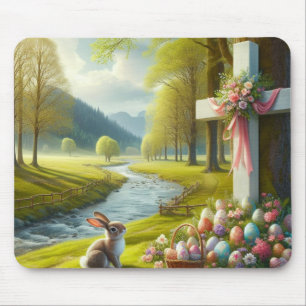 Tapis De Souris Croix de Pâques avec lapin et oeufs