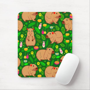 Tapis De Souris Croquis Capybara avec fleurs de printemps sur vert