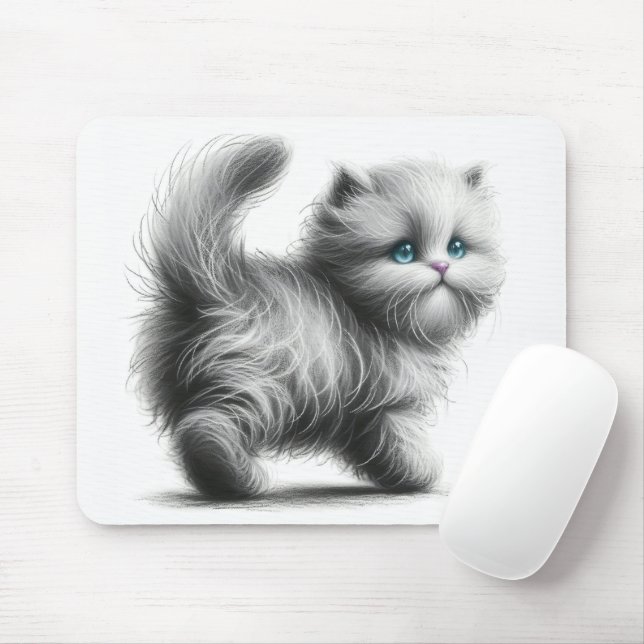 Tapis De Souris Croquis de chaton en blanc (Avec souris)