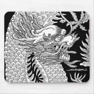 Tapis De Souris Croquis noir et blanc de dragon de chinois