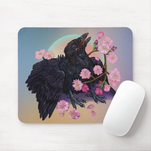Tapis De Souris Crow naissant avec fleurs de pomme (Avec souris)