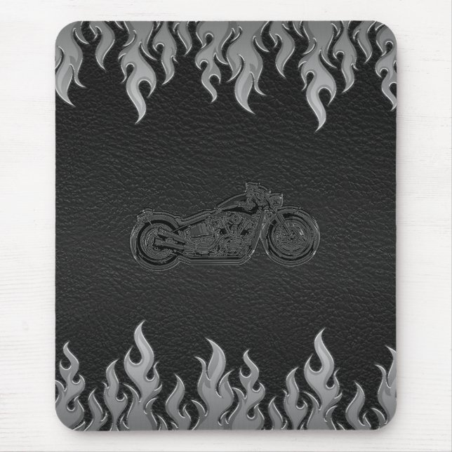 Tapis De Souris Cuir Noir Flammes Argentées Moto Chrome (Devant)