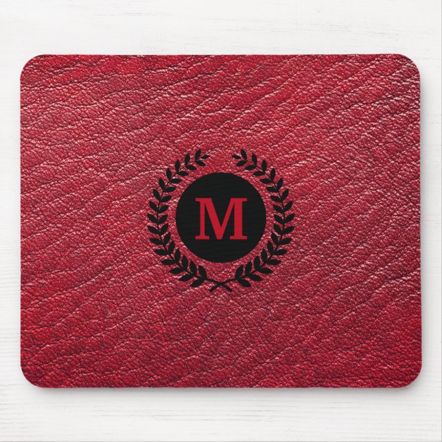 Tapis De Souris Cuir rouge Faux avec Monogramme de couronne Laurel (Devant)