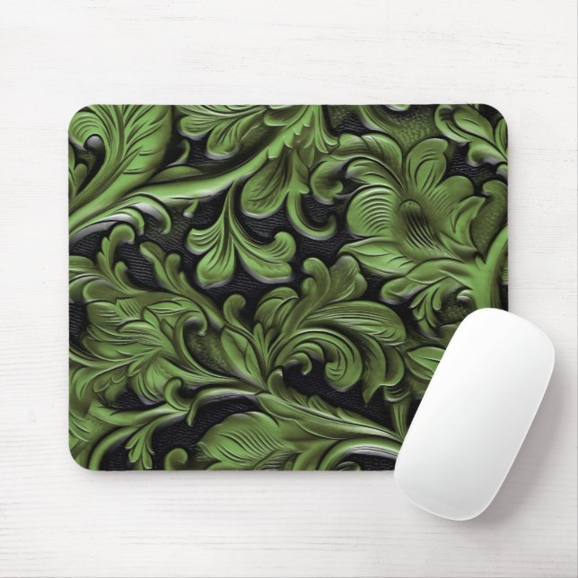 Tapis De Souris Cuir vert rustique travaillé  (Avec souris)