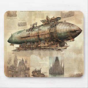 Tapis De Souris Cuivre Bleu Gris Steampunk Dirigeable Vintage Art