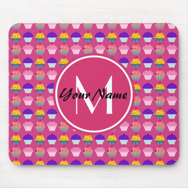 Tapis De Souris Cupcakes Rose Monogrammes, Nom Personnalisé (Devant)