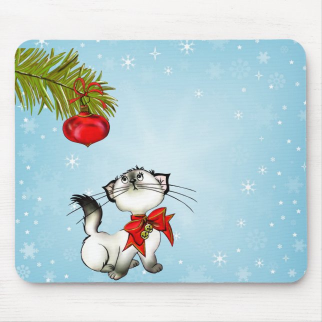 Tapis De Souris Curieux Chat Kitty Dans Une Boue De Noël Rouge (Devant)