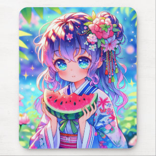 Tapis De Souris Cute Anime Girl Manger Watermelon sur une journée