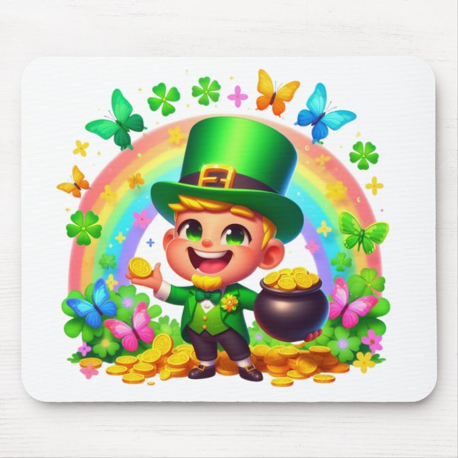 Tapis De Souris Cute arc-en-ciel Leprechaun avec or (Devant)