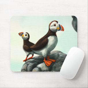Tapis De Souris Cute Atlantic Puffins Oiseaux de mer sur les roche
