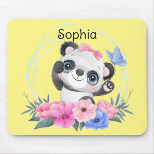 Tapis De Souris Cute Baby Panda Flower Wreath Nom personnalisé