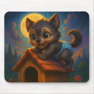 Tapis De Souris Cute Baby Warewolf Chiot Eyes Doghouse Imaginaire