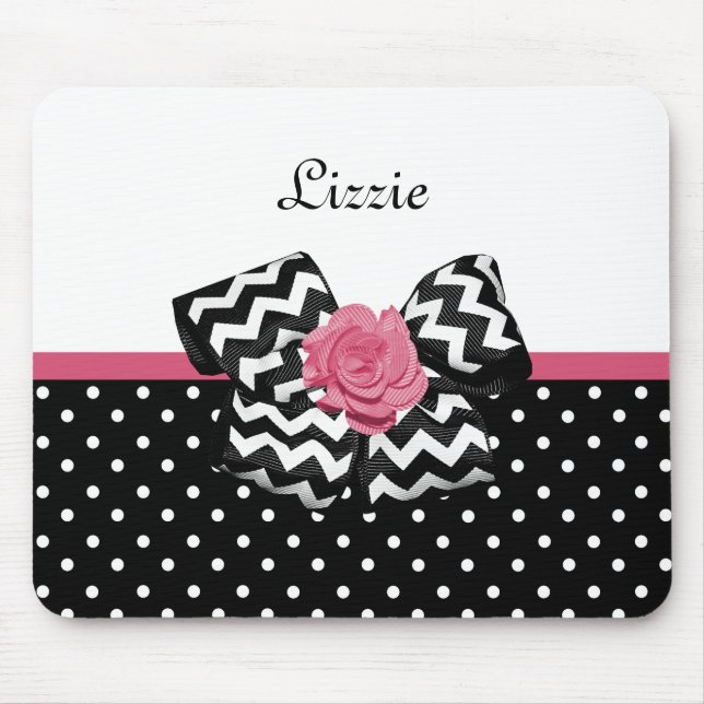 Tapis De Souris Cute Black Dots Pink Rose Chevron Bow and Name (Devant)