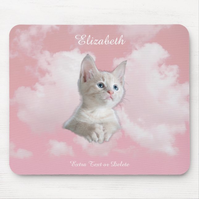 Tapis De Souris Cute Blanc Kitten Pink Sky Nuages Nom, Texte suppl (Devant)